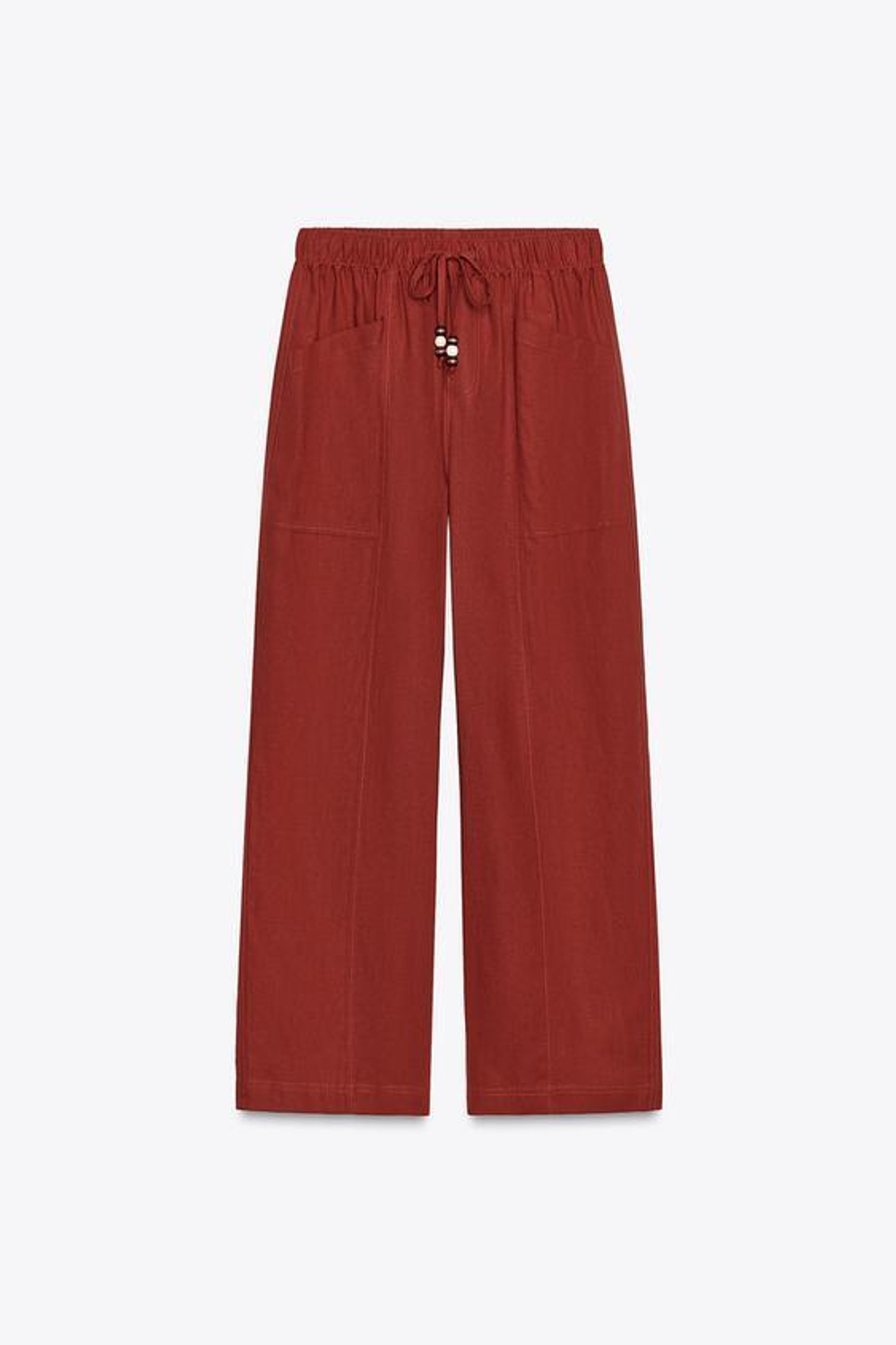 ZARA БРЮКИ ИЗ ЛЬНА СО ШНУРКОМ И БУСИНАМИ, ЧЕРЕПИЧНЫЙ