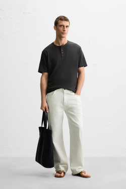 ZARA ФУТБОЛКА В ПОЛОСКУ С ВОРОТНИКОМ НА ПУГОВИЦАХ, ХАКИ