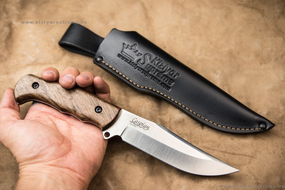 Нож Kizlyar Supreme CASPIAN AUS-8 SW WH LS (StoneWash, Walnut Handle, Leather Sheath)
