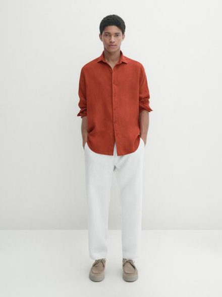 Massimo Dutti Рубашка классического кроя из 100% льна, красный