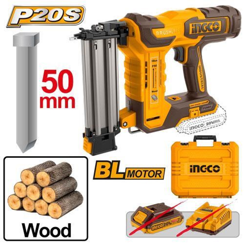 Аккумуляторный гвоздезабиватель нейлер INGCO CBNLI5005 INDUSTRIAL 20 В