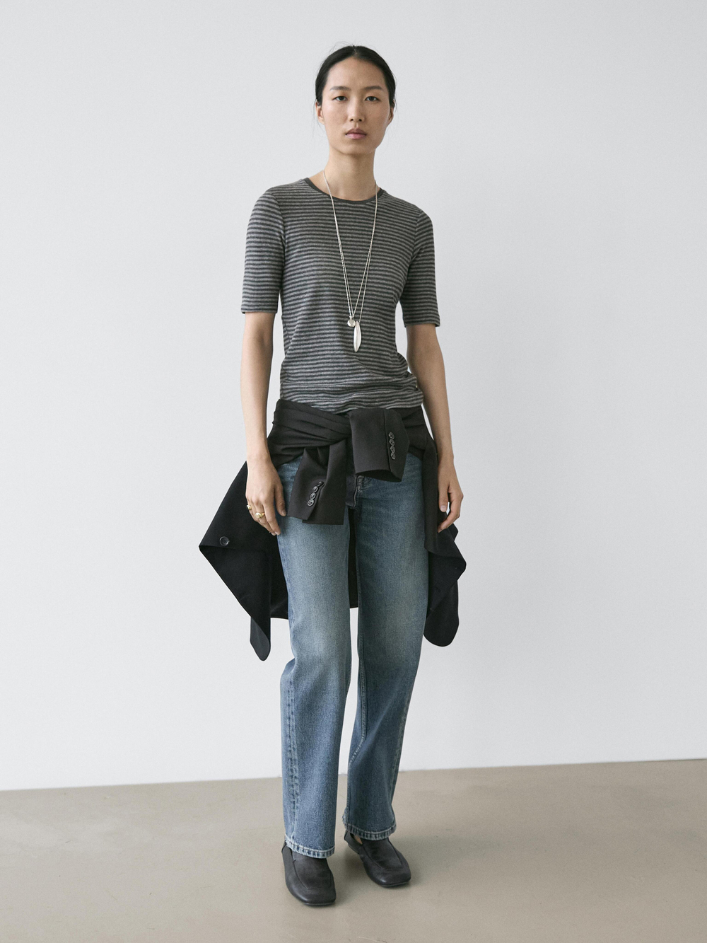 Massimo Dutti Футболка в полоску с короткими рукавами, серый