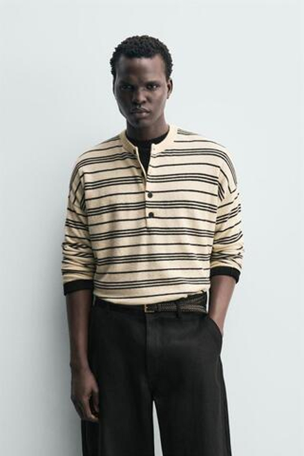 ZARA ДЖЕМПЕР В ПОЛОСКУ С ВОРОТНИКОМ НА ПУГОВИЦАХ, ЭКРЮ