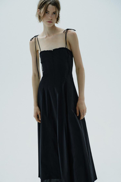 ZARA ПЛАТЬЕ МИДИ ИЗ ПОПЛИНА С ВОЛАНАМИ, ЧЕРНЫЙ