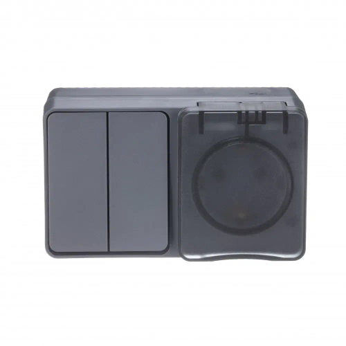 ATLASDESIGN PROFI IP54 О/У БЛОК: РОЗЕТКА с заземл. со шт., 16А, ВЫКЛЮЧАТЕЛЬ 2-клав., 10АХ, АНТРАЦИТ