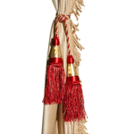 Шторы спального места с ламбрекеном и прихватами "Кисти" в кабину Volvo, Scania, MAN, DAF, Merc, Камаз, Sitrak, Shacman, Foton, FAW. Высота 1,5м, ширина одной стороны - 1,15м. Блэкаут, велюр. Бежевый цвет с бежевой бахромой и красными кистями