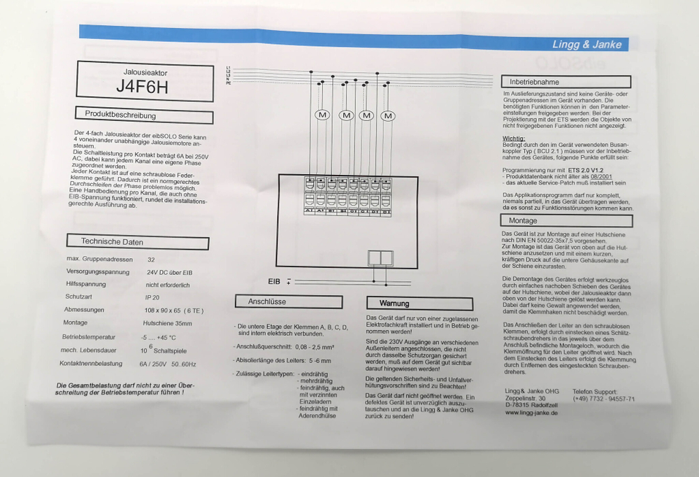 Модуль управления жалюзи KNX, LINGG-JANKE J4F6H 89400 4x канальный Standart, 6А / 250В~