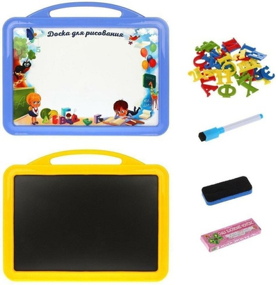 Доска для рисования двухсторон., набор русских букв, маркер, в ассорт., пакет K1713-3