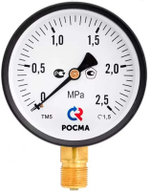 Манометр общетехнический РОСМА ТМ-510р, 100мм, 0-0,1 МПа, G1/2", кл.т. 1,5