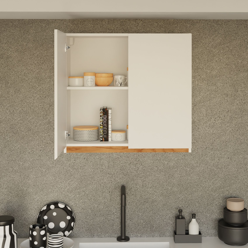 Навесной кухонный шкаф для посуды 80х32х75 Валенсия 2 двери с дубовой панелью / кухонный модуль с полкой / белый, массив дуба