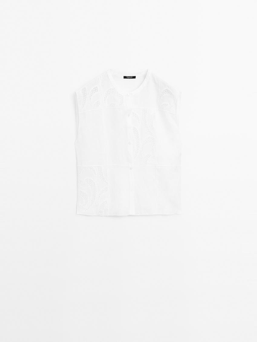 Massimo Dutti Блуза из смесового льна с кружевом кроше, белый