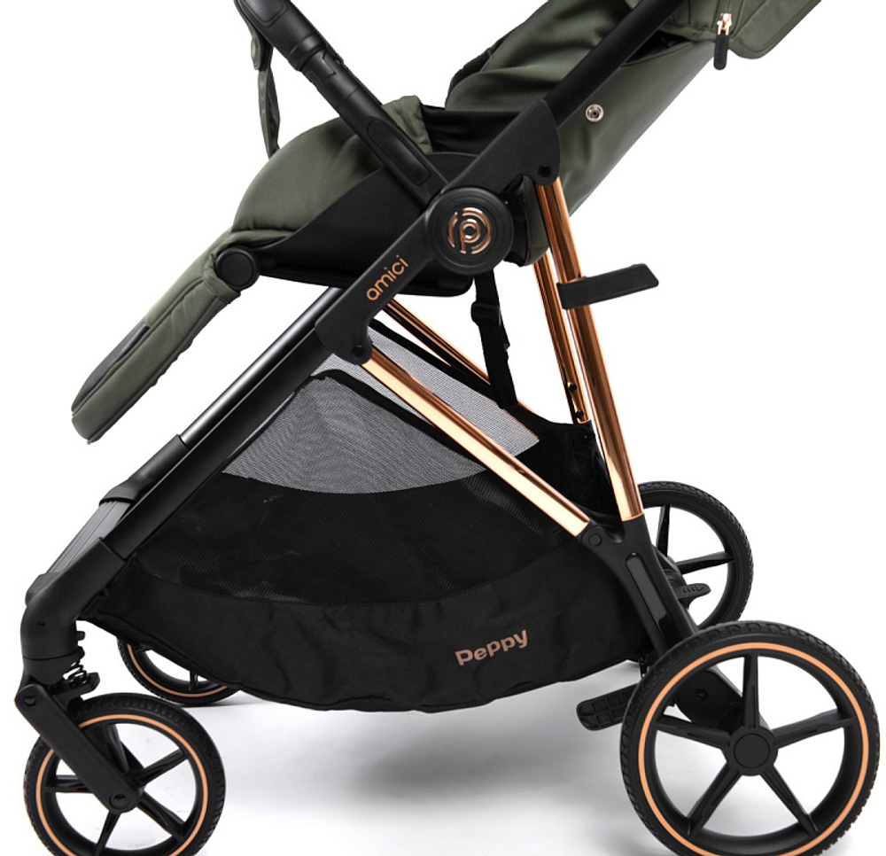 Прогулочная коляска Peppy Amici с автокреслом Verona Black Green рама Gold