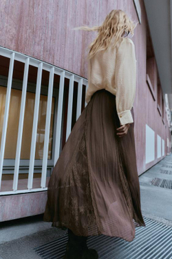 ZARA ЮБКА С КРУЖЕВНЫМИ КЛИНЬЯМИ ГОДЕ, ТЕМНО-КОРИЧНЕВЫЙ