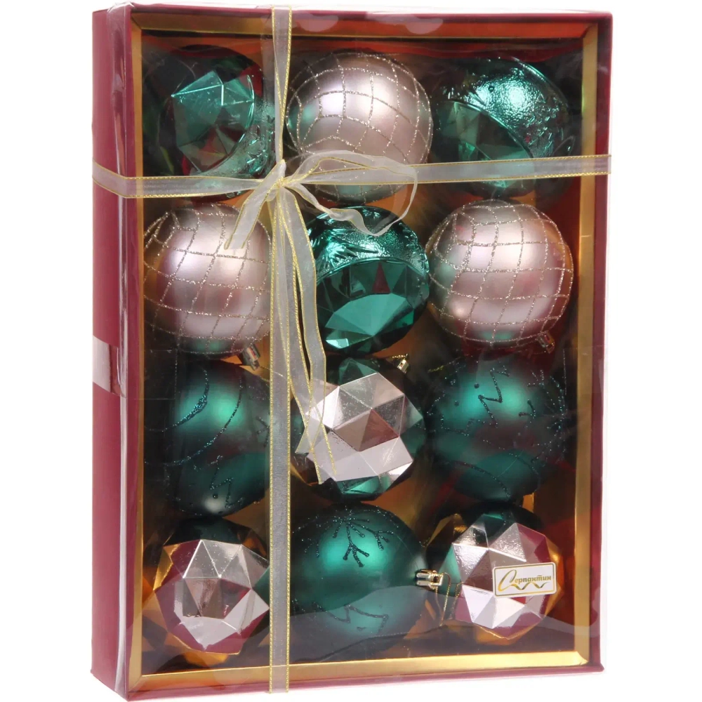 Новогодние шары «Волшебный вальс» 8 см (набор 12 шт), Изумруд/Шампань