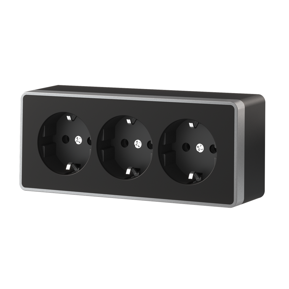 W5073134/ Розетка тройная с заземлением и шторками Gallant (черный с серебром) W5073134