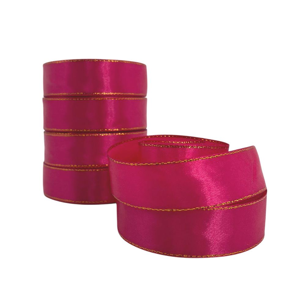 Лента атлас 25ммx25ярд ЗОЛОТОЙ КАНТ (Фуксия)