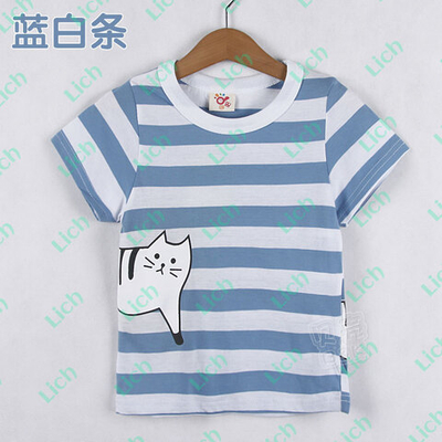 Футболка детская двухцветная в полоску с контрастным принтом кота