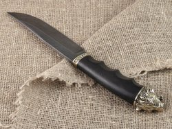 Нож "Тигр большой", дамасская сталь, рукоять черный граб мореный, литье голова зверя