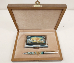 Набор "Деревенька. Зима" визитница и ручка Parker с ручной росписью Палех