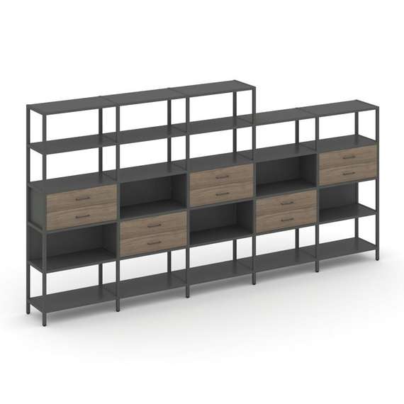 Shelf System Пятисекционный стеллаж пятиярусный с ящиками SN.STM-551 Антрацит/Вяз Благородный/Металл