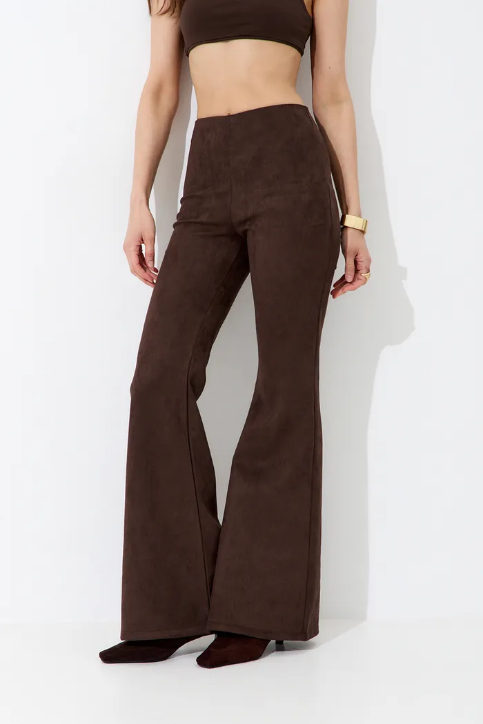 Брюки клеш из экозамши цвета шоколад