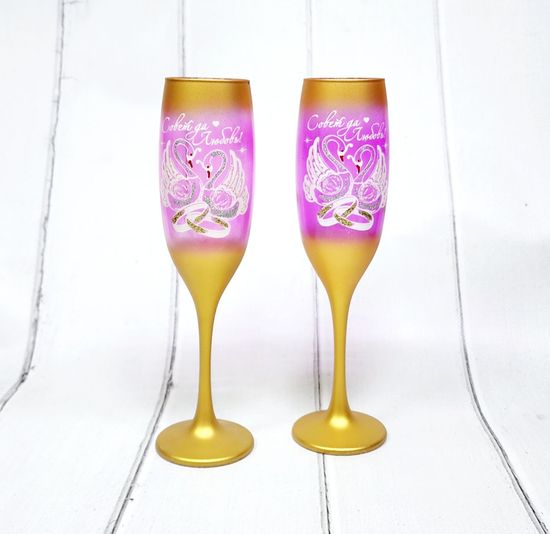 Свадебные бокалы , золото с темно-розовым, Совет да любовь, марганец