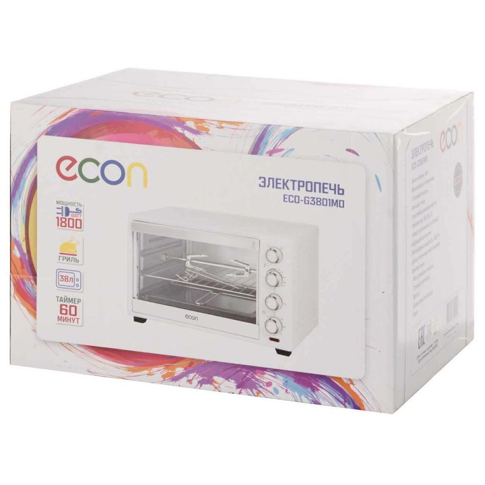 Духовка электрическая, Econ, ECO-G3801MO, 38 л, 1800 Вт, 7 реж, бел, 13677