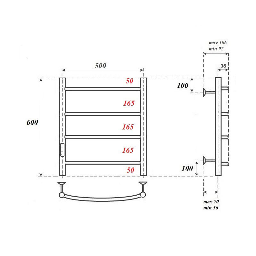 Полотенцесушитель электрический Point Афина PN04756W П4 500x600 диммер слева, белый