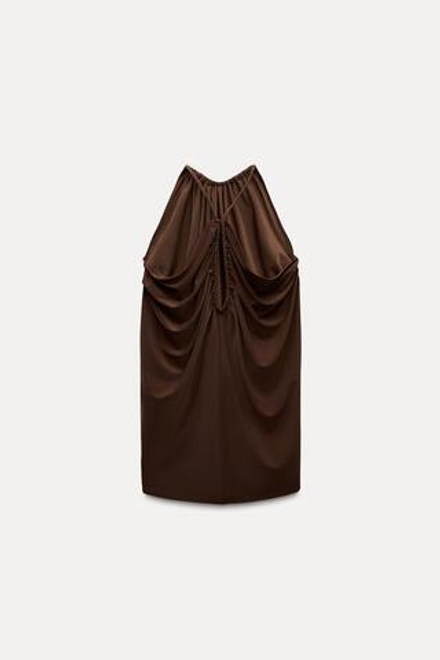 ZARA ТОП С ДРАПИРОВКОЙ И ГОРЛОВИНОЙ ХАЛТЕР, ШОКОЛАДНЫЙ