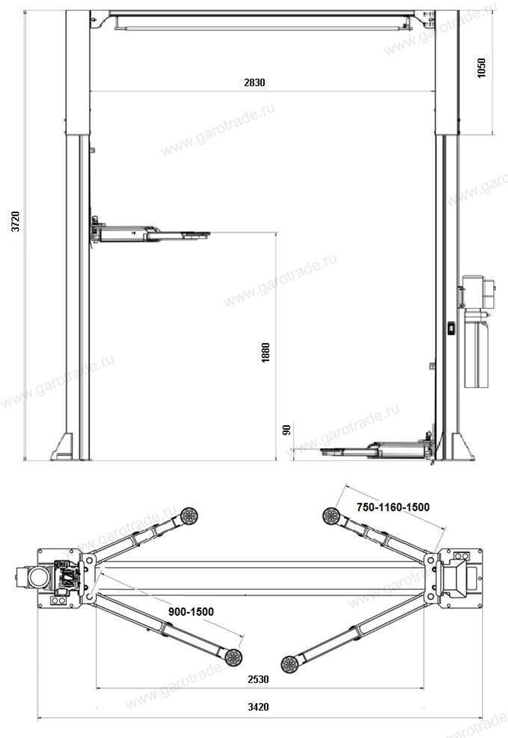 Двухстоечный автомобильный подъемник для автосервиса грузоподъемность 4500 кг RLP2-450U (серый)