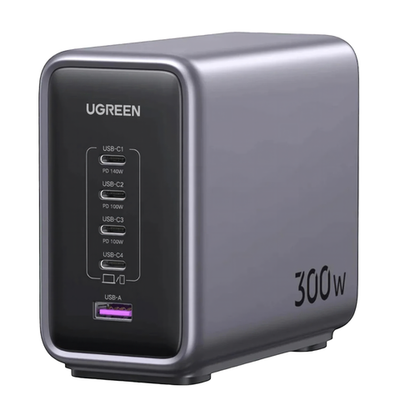 Сетевое зарядное устройство Ugreen Nexode мощностью 300 Вт (4 USB-C, USB-A) (GaN) и кабель USB-C с оплёткой (1,5 м) (CD333) Настольный многопортовый мощный адаптер питания и кабель USB-C с нейлоновой оплёткой. Есть поддержка PD 3.1 и QC 3.0. Поддерживаема