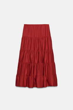 ZARA ЮБКА МИДИ ИЗ ЛЬНА СО СБОРКАМИ, ГРАНАТОВЫЙ