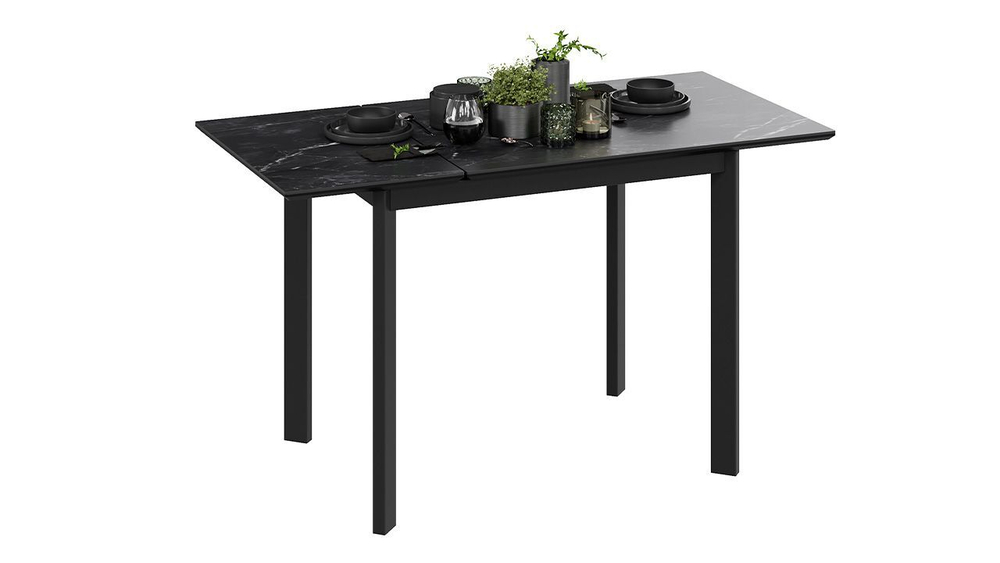 Стол кухонный обеденный раздвижной Черный муар/Керамика матовая серый мрамор 90(130)х65х75 см