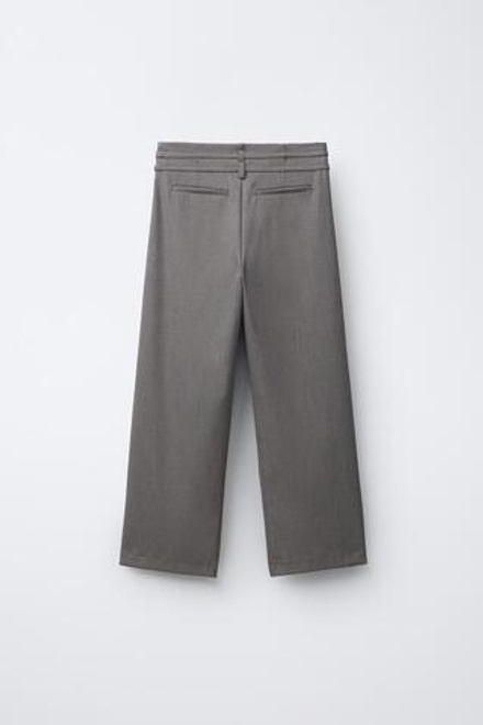 ZARA БРЮКИ WIDE LEG «ГУСИНАЯ ЛАПКА» С ДВОЙНЫМ РЕМНЕМ, СЕРО-КОРИЧНЕВЫЙ