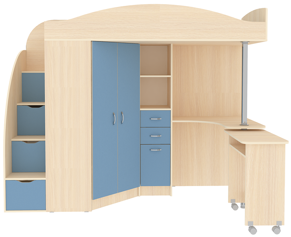 Кровать-чердак КарИВи Юниор 4  Дуб Молочный Светло-синий, голубой