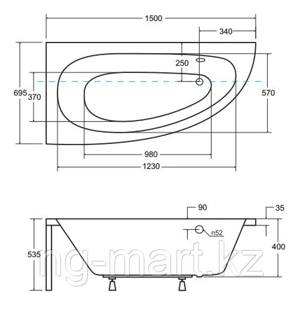 Ванна акриловая ассиметричная "Milena" 1500*1000 Левая