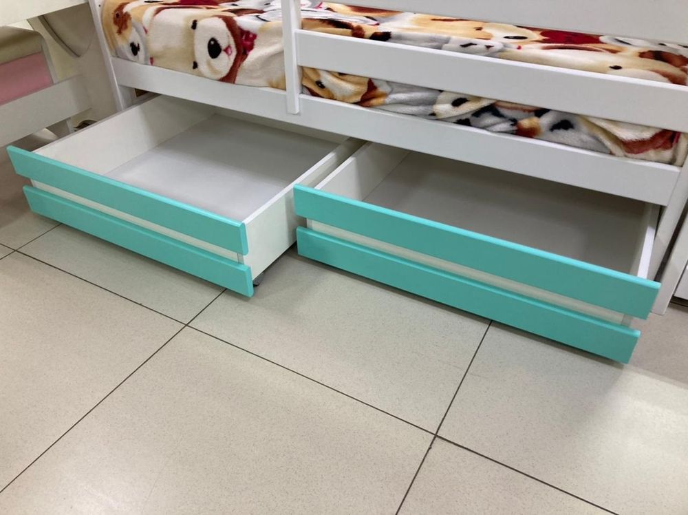 Комплект выкатных ящиков для детской кроватки Манеж эко, Домик, Манеж 2-х ярусный бирюза