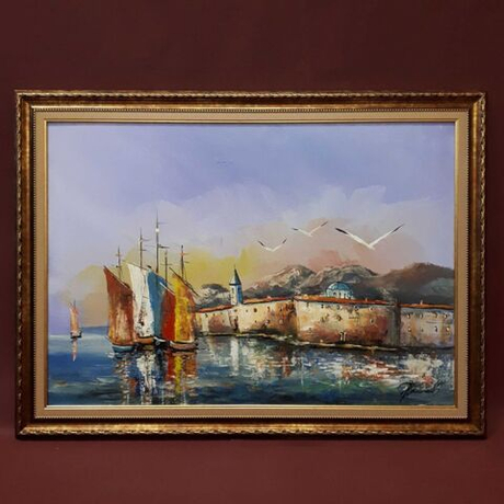 Винтаж: Винтажная картина «Парусники в старой гавани»