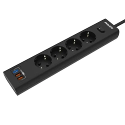 Сетевой фильтр удлинитель Philips CHP8246BA/51 с четырьмя стандартными розетками EU, 2 USB-A, Type-C, с заземлением и защитой от перегрузок, 2 м, черный