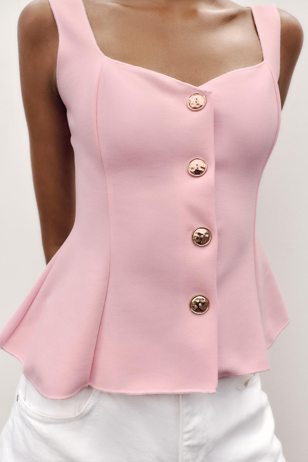 ZARA ЭЛАСТИЧНЫЙ ТОП-ЖИЛЕТ С БАСКОЙ, РОЗОВЫЙ