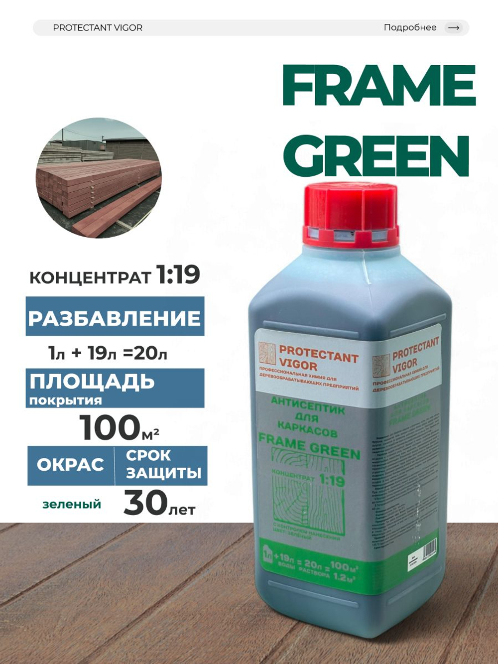 PROTECTANT Vigor Frame Green Антисептик для каркасов концентрат 1:19 С контролем нанесения 1 л