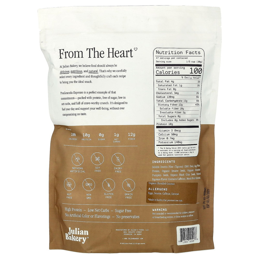 Julian Bakery, ProGranola, со вкусом эспрессо, 507,5 г (17,9 унции)