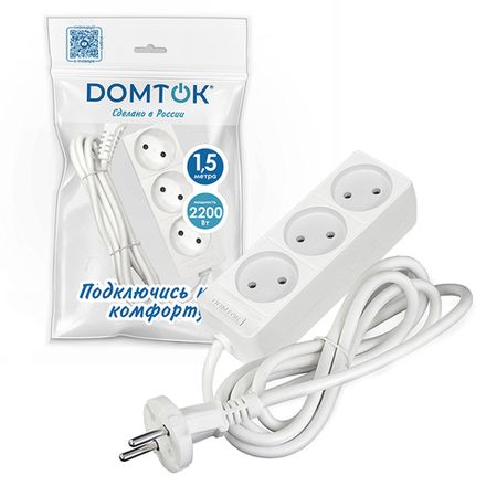 Удлинитель бытовой "DOMTOK" Лидер 3 гн, ПВС 2*0,75,2,2кВт, б/з 1.5м (1/45)