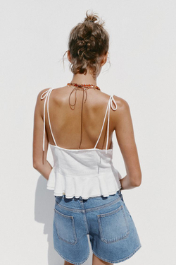 ZARA РОМАНТИЧНЫЙ ТОП ИЗО ЛЬНА С ЗАЩИПАМИ, БЕЛЫЙ