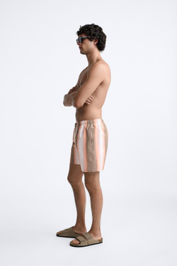 ZARA УДЛИНЕННЫЕ ШОРТЫ-ПЛАВКИ В ПОЛОСКУ, ОГНЕННО-КОРАЛЛОВЫЙ