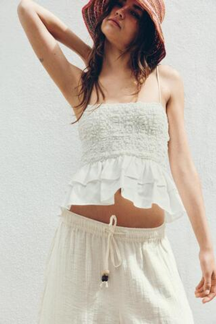 ZARA ТОП С БАСКОЙ И РЕЗИНКОЙ С СОТАМИ, БЕЛЫЙ