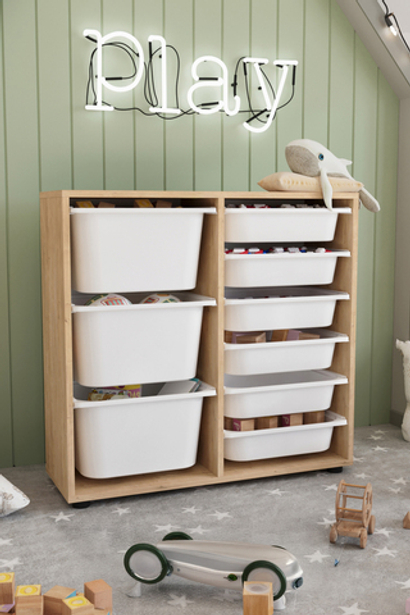 Стеллаж CAGLA с 9 выдвижными ящиками - сосна