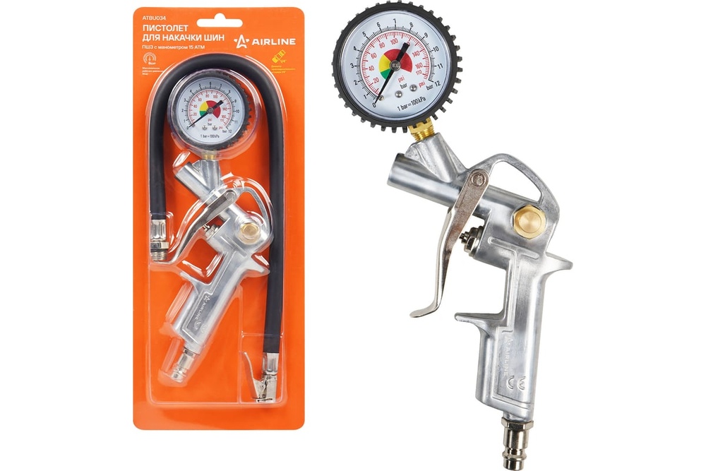 Пневматический пистолет для накачки шин с манометром 8 атм AIRLINE ATBU034