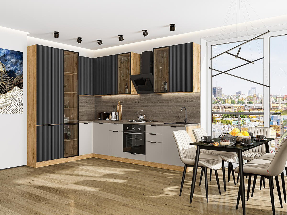 Прямая модульная кухня Евро Лайн-07 Антрацит/Агат - Дуб Вотан 2340*2000/3000*600