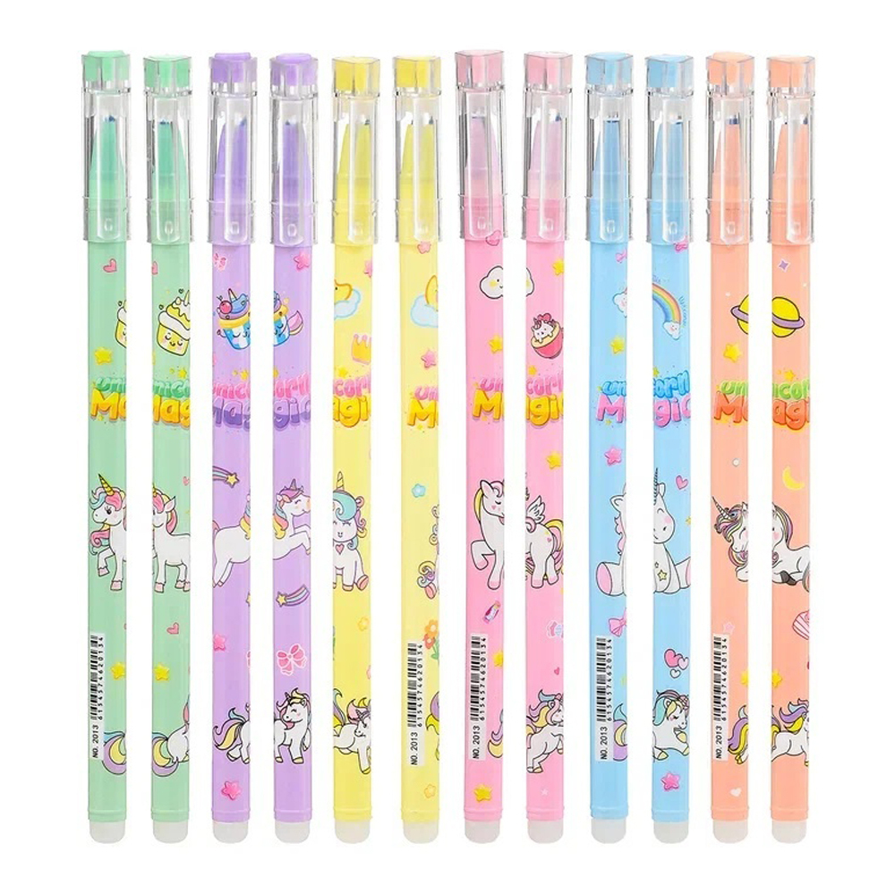 Ручка гелевая, пиши-стирай, Basir, синие чернила, серия "ЕДИНОРОГ ", корпус с рисунком, 12 шт